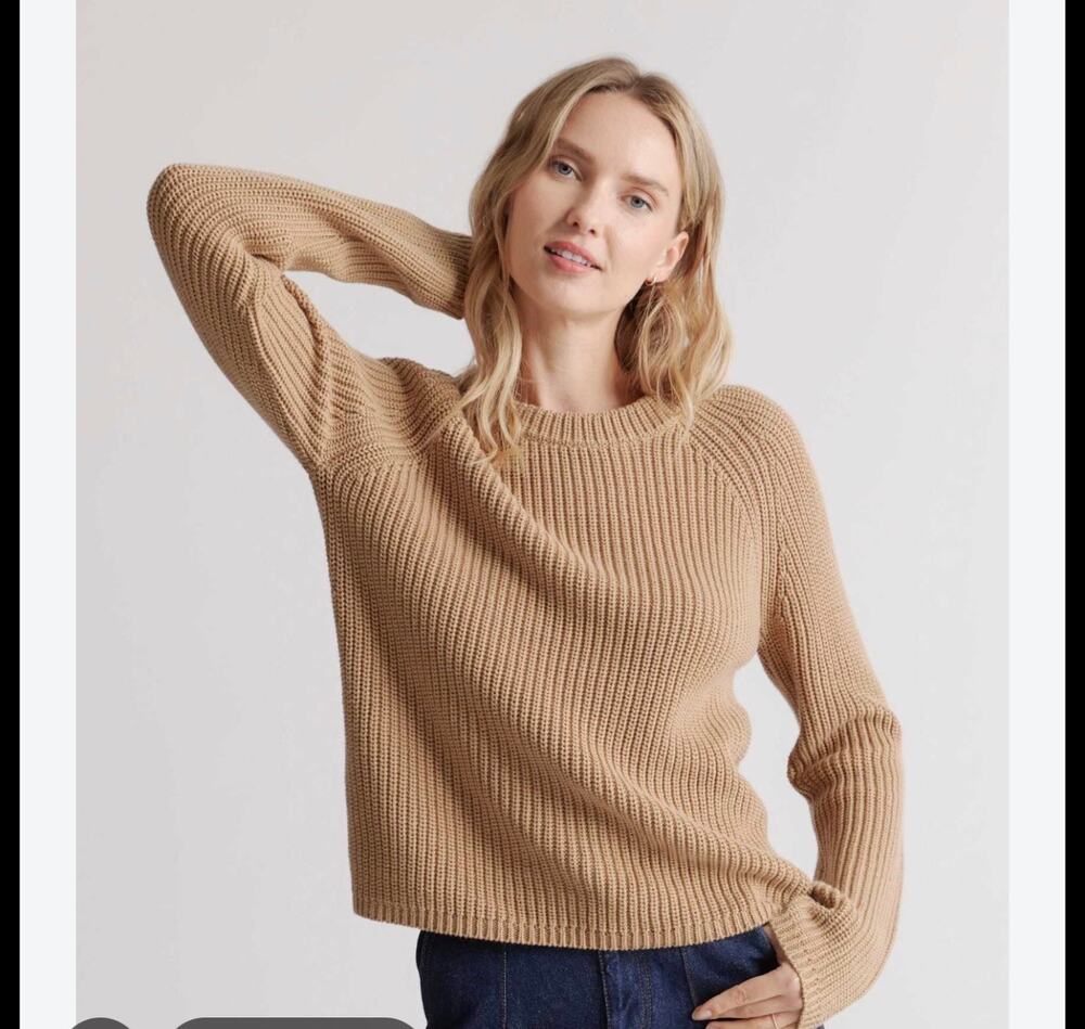 Quince 100% Organic Cotton Fisherman Crew Sweater Medium camel